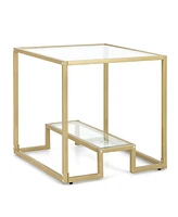 Gouun 22 Inch 2-Tier Square Sofa Side Table with Tempered Glass Tabletop