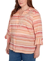 Alfred Dunner Plus Scottsdale Warm Stripe Floral Embroidered Top