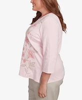 Alfred Dunner Plus Coming Up Roses Asymmetric Floral Embroidered Crew Neck Top