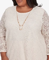 Alfred Dunner Plus Coming Up Roses Lace Woven Top with Necklace