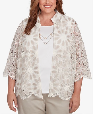 Alfred Dunner Plus Coming Up Roses Medallion Lace Two One Top with Necklace