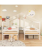 Double Twin Size Wooden Bed Frames with Built-in Table for Kids