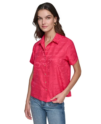 Karl Lagerfeld Paris Women's Tonal Script-Print Camp Shirt