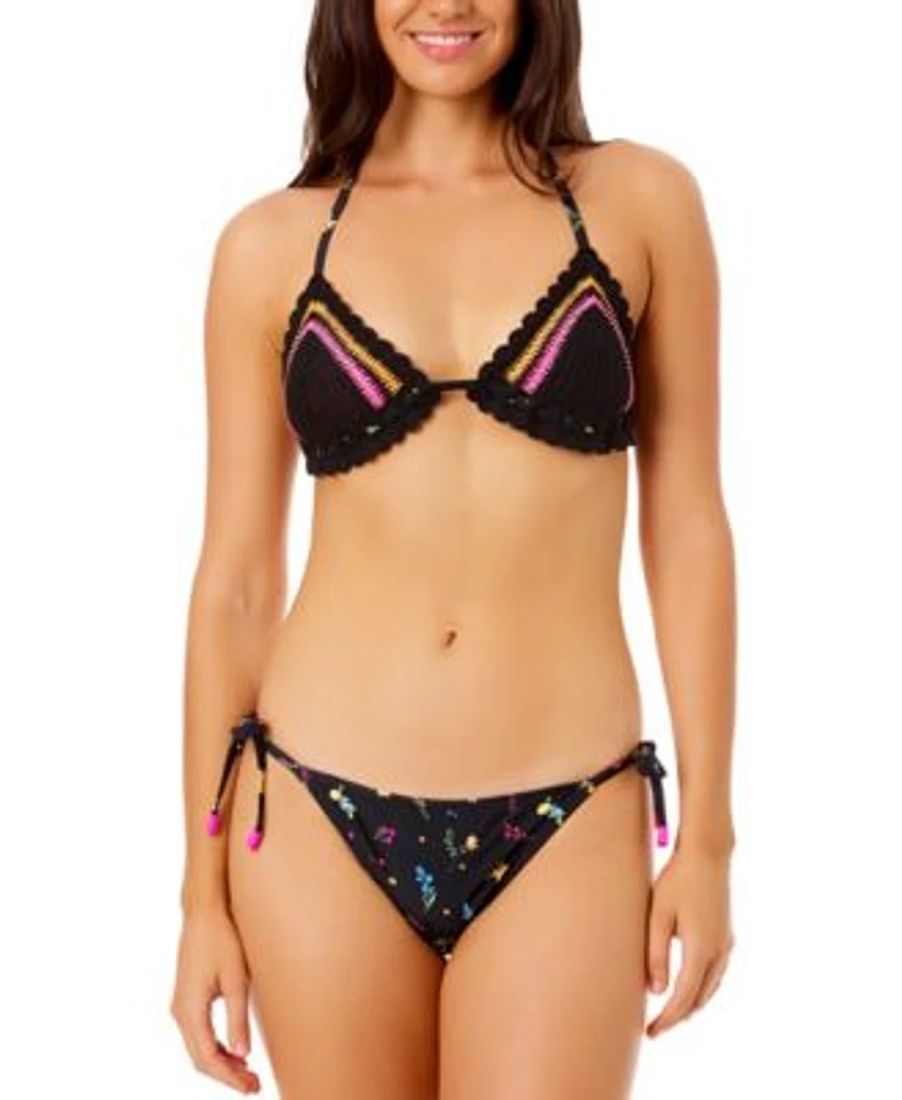 Salt Cove Juniors Crochet Halter Triangle Bikini Top Floral Side Tie Bikini Bottoms Exclusively At Macys