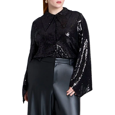 Eloquii Plus Flare Sleeve Sequin Button Down