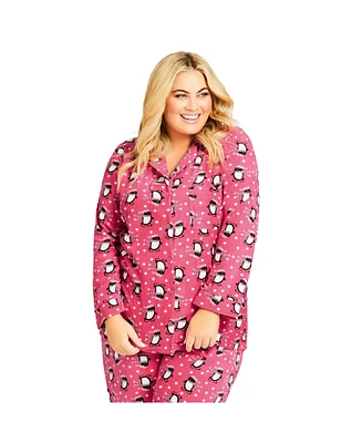 Avenue Women's Plus Size Penguin Button Fleece Sleep Top