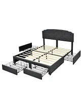 Gouun Platform Bed Frame with 4 Storage Drawers and Adjustable Headboard-Queen Size
