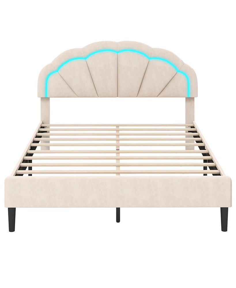 Gouun Upholstered Led Bed Frame with Adjustable Flower Headboard and Metal Support Feet-Queen Size