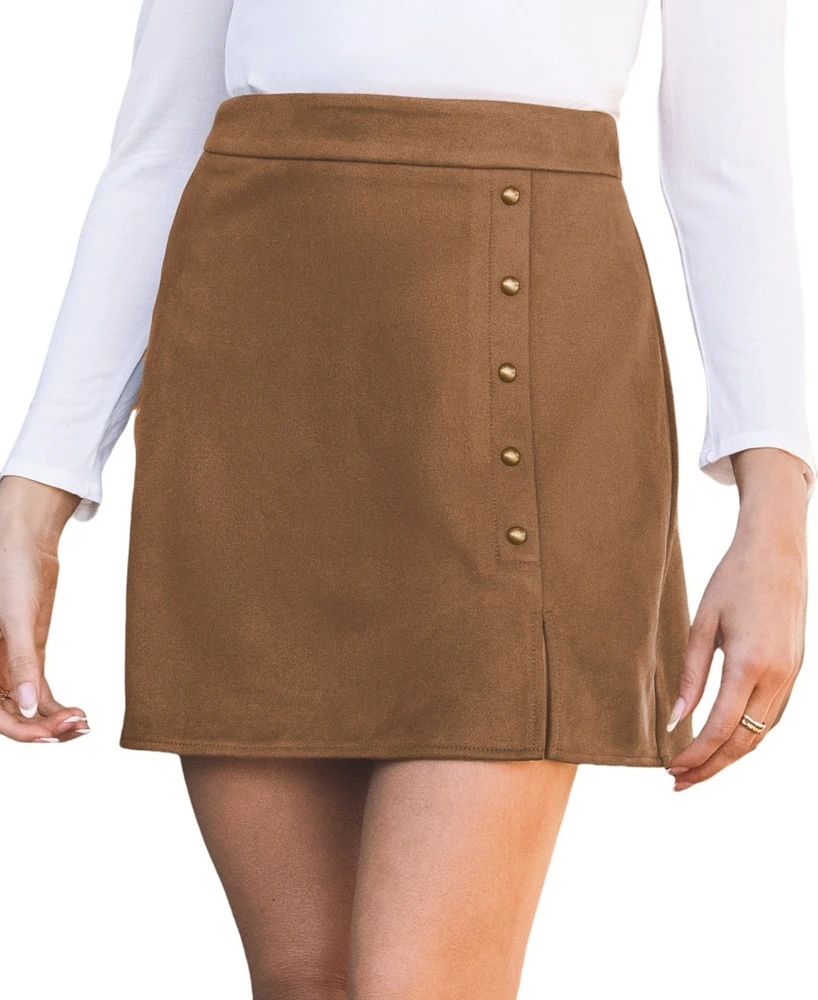 Cupshe Women's Camel Faux Suede Studded Split Hem Mini Skirt