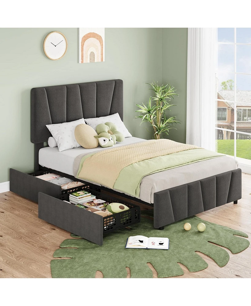 gaomon Twin Size Bed Frame with Adjustable Headboard and 4 Storage Drawers, Upholstered Platform Bed Frame