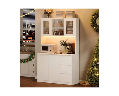 gaomon Tall Kitchen Pantry Cabinet, Kitchen Storage Cabinet with Led Lights and Power Outlets, Food Pantry Cabinet with Microwave Stand, Glass Door