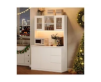 gaomon Tall Kitchen Pantry Cabinet, Kitchen Storage Cabinet with Led Lights and Power Outlets, Food Pantry Cabinet with Microwave Stand, Glass Door