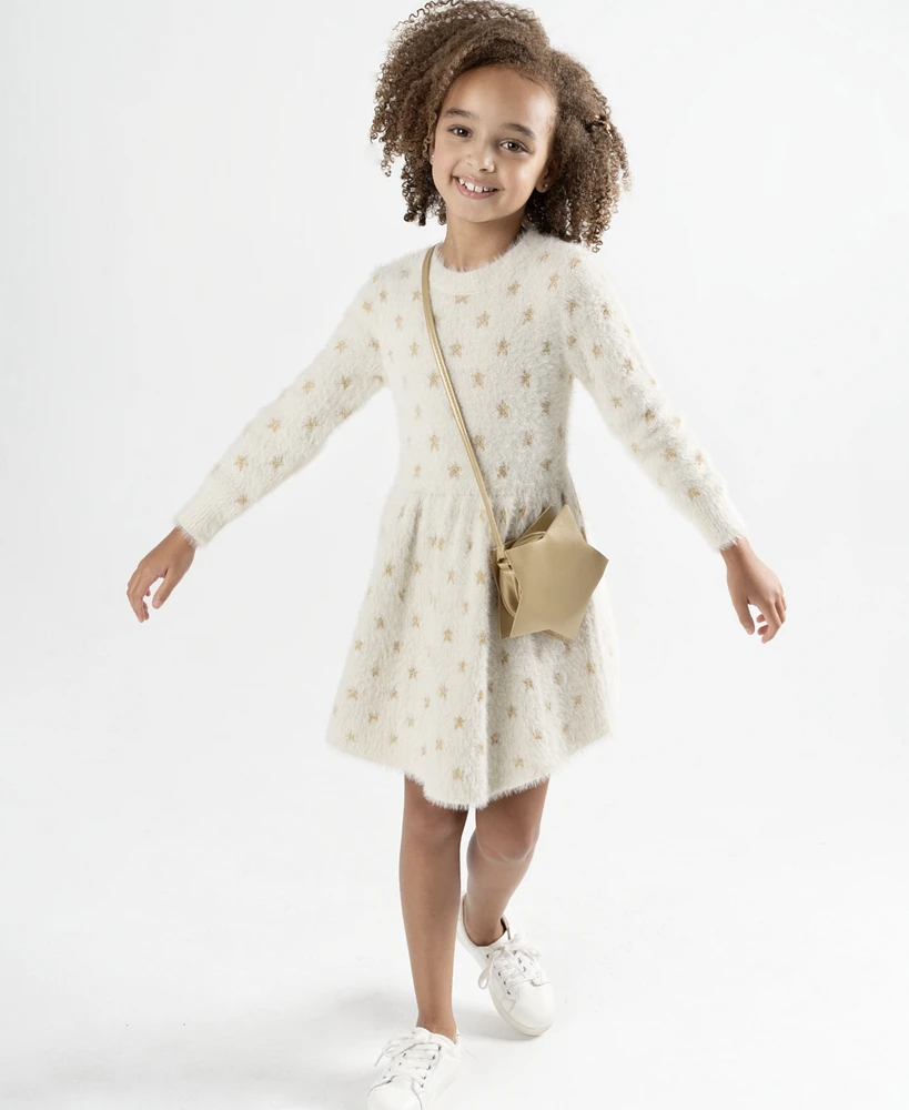 Rare Editions Toddler and Little Girls Star Embroidered Sweater Dress with Matching Bag, 2-Piece Set