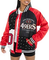 Gameday Couture Women's Scarlet/Black San Francisco 49ers Oversized Hot Shot Rhinestone Throwback Full-Snap Varsity Bomber Jacket