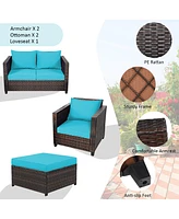 5PCS Patio Rattan Furniture Set Loveseat Sofa Ottoman Cushioned