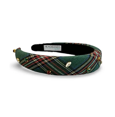 Classic Padded Headband - Green Plaid Gems