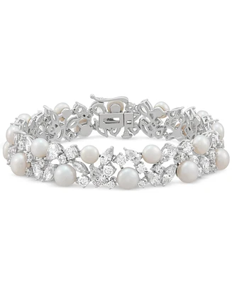 Arabella Cultured Freshwater Pearl (5 - 6-1/2mm) & Cubic Zirconia Statement Bracelet in Sterling Silver