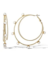 Jessica Simpson Gold-Tone Double Hoop Earrings with Faux Pearl Accents – Elegant and Trendy