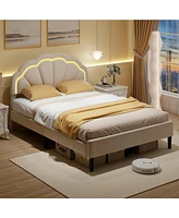 Gouun Upholstered Led Bed Frame with Adjustable Flower Headboard and Metal Support Feet-Full Size