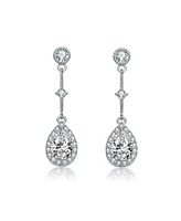 Genevive Sterling Silver White Gold Plated with Clear Pear & Round Cubic Zirconia Accent Chandelier Earrings