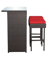 Gouun 3 Pieces Outdoor Rattan Wicker Bar Set with 2 Cushions Stools