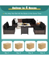 Costway 7PCS Patio Rattan Furniture Set 30'' Fire Pit Table Cover Cushion Sofa