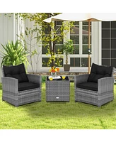 Gouun 3 Pieces Outdoor Wicker Conversation Set with Tempered Glass Tabletop