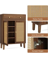 Tribesigns Shoe Cabinet with Doors and Drawer, Modern Shoe Storage Cabinet for Entryway, Rattan Shoes Cabinet with Adjustable Shelf, Wooden Shoe Organ