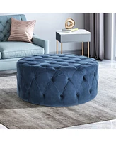 The Pop Home Velvet Round Ottoman with Button Tufting, Upholstered Footrest for Living Room-The