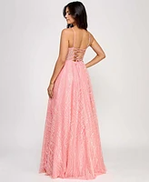 Say Yes Junors' Illusion-Front Lace-Up-Back Glitter Gown, Created for Macy's