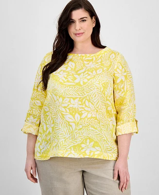 Charter Club Plus 100% Linen Printed Roll-Tab-Sleeve Top, Exclusively at Macy's