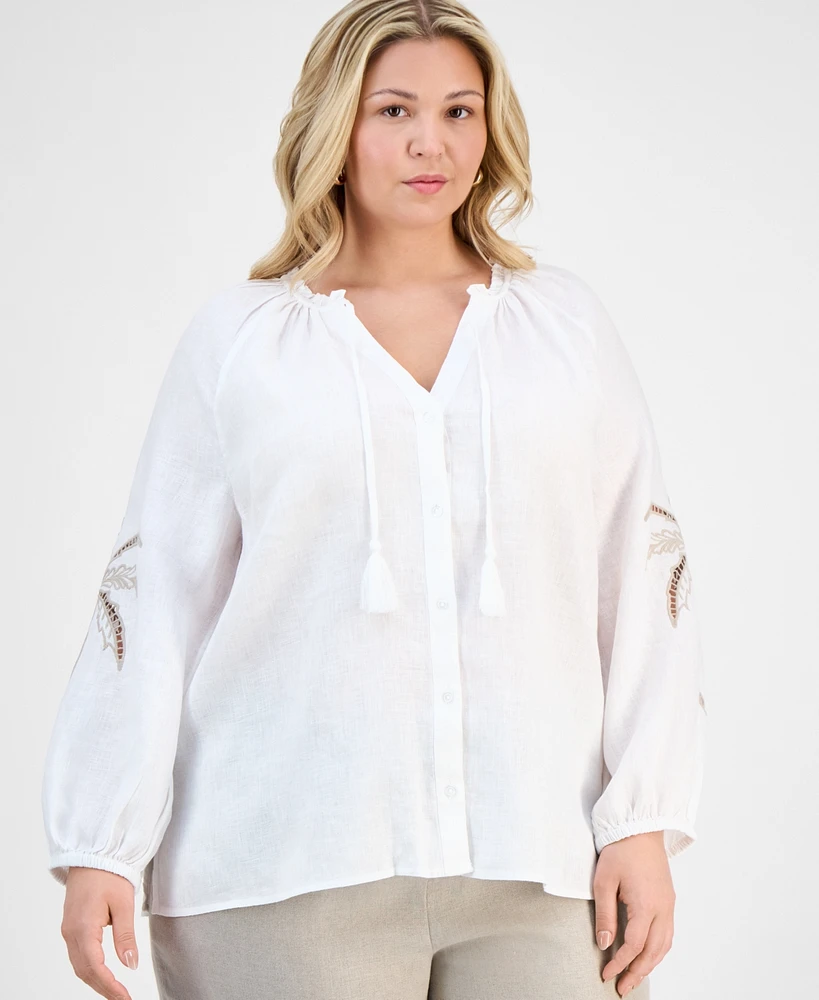 Charter Club Plus Embroidered-Palm Linen Top, Exclusively at Macy's