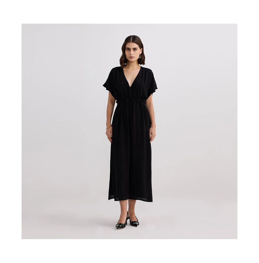 Reistor Women's V-neck Gathered Maxi Dress Black