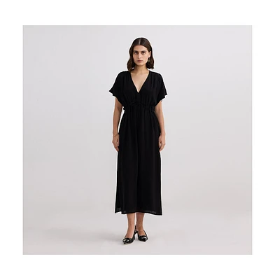 Reistor Women's V-neck Gathered Maxi Dress Black