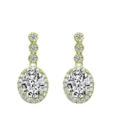 Genevive Sterling Silver with Clear Oval and Round Cubic Zirconia Halo Drop Earrings in White Gold Plated or 14K Gold Plated