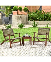 Slickblue Solid Wood and Rattan 3-Piece Outdoor Patio Furniture Table Chairs Set