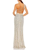 Mac Duggal Women's Sequined One Shoulder Draped Lace Up Gown