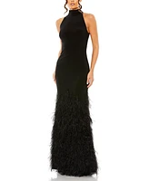 Mac Duggal Women's Jersey Halter Gown with Feather Tiered Detail