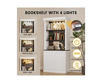 gaomon Tall Storage Bookcase with 3-Tier Open Shelves and Double Door, Roman Column Design and 4 Adjustable Lights