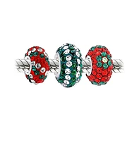 Bling Jewelry Christmas Holiday Red Green Flower Stripe Crystal Sparkle Mix Bundle Set Of Three .925 Sterling Silver Dangle Charm Bead Fits European C