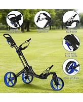 Gymax 3 Wheels Foldable Golf Push Pull Cart Trolley w/ Adjustable Handle Brake