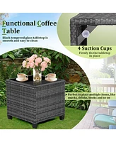 3 Pieces Outdoor Wicker Conversation Set with Tempered Glass Tabletop