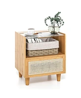 Gouun Bamboo Rattan Nightstand with Drawer and Solid Wood Legs