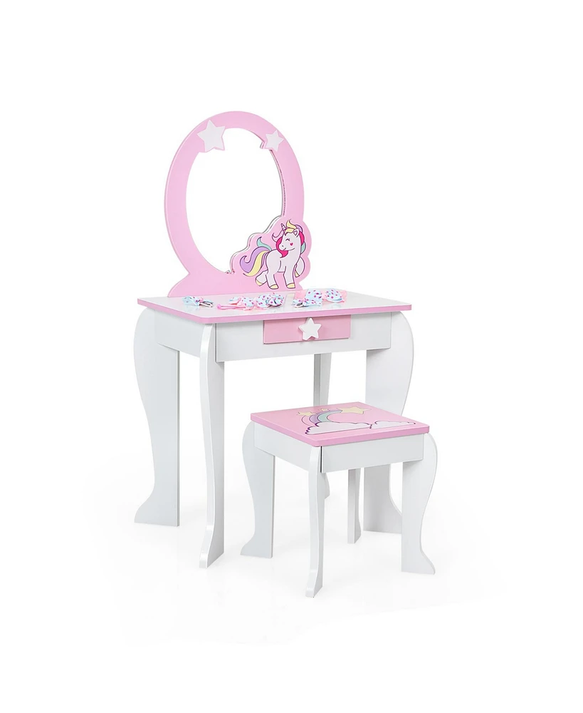 Gouun Kids Vanity Set with Removable Mirror, Drawer Storage, and Stool – Safe Dressing Table for Girls