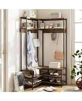 Gouun Corner Garment Rack with Open Shelves and 7 Hooks Shoe Bench