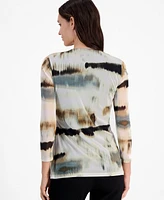Anne Klein Women's Printed-Mesh 3/4-Sleeve Wrap Top