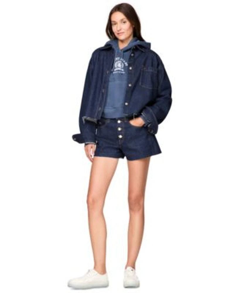 Tommy Jeans Womens Cropped Denim Shirt Jacket Cropped Varsity Crest Hooded Sweatshirt Hot Pants Denim Shorts
