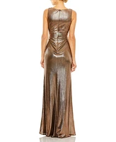 Mac Duggal Women's Metallic Ruched Detail Front Slip V Neck Gown