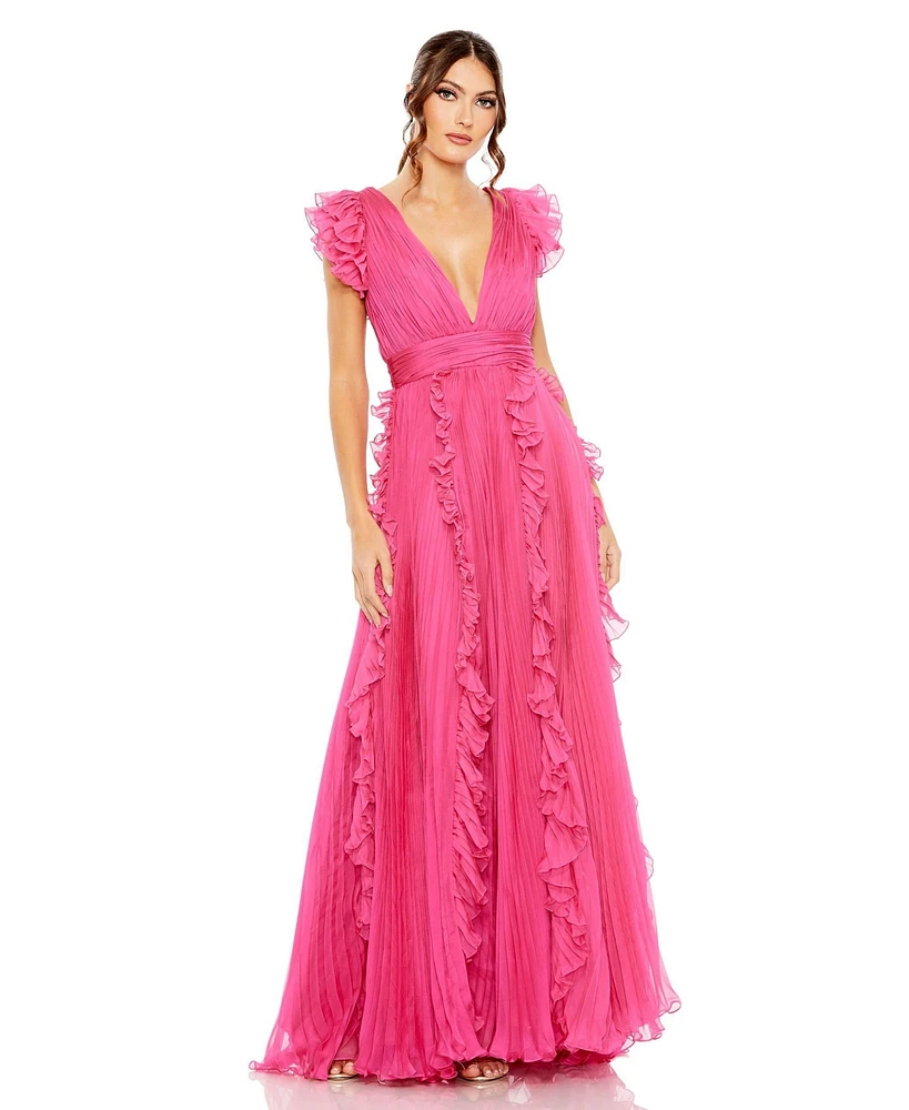 Mac Duggal Women's Pleated Ruffle Cap Sleeve Flowy A Line Gown