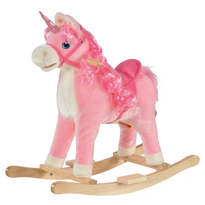 Qaba Kids Rocking Horse, Ride on Unicorn w/ Wooden Base, Tail Wag & Sounds